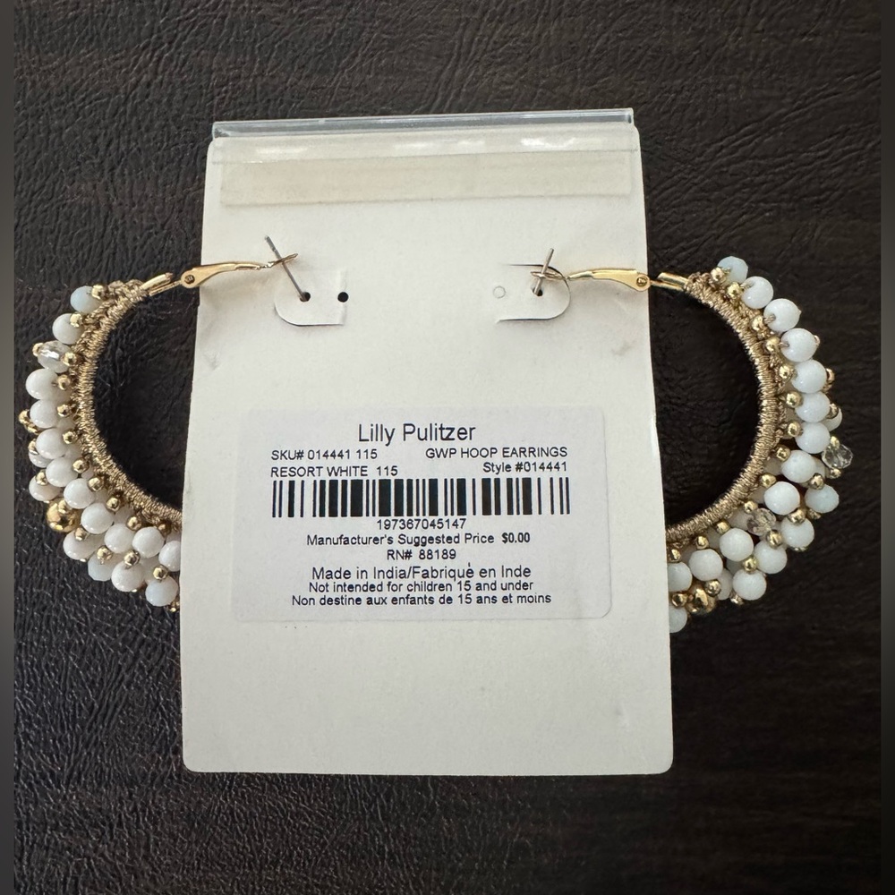 NWT Lilly Pulitzer White Beaded Gold Hoop Earrings - Picture 2 of 3